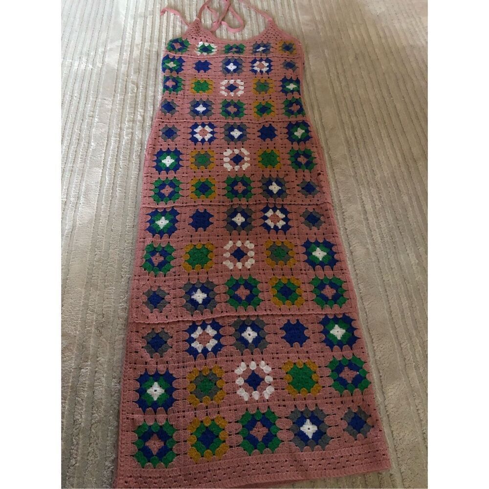 Forever 21 Crochet Granny Square Maxi Dress Pink Boho Festival Small - Picture 3 of 10